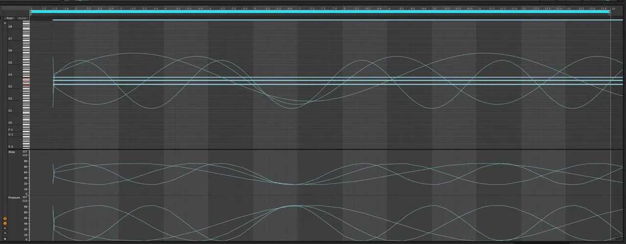 Example of 3 notes chord sent to Ableton Live using MIDIVal 0.1. Each note had its pitch bend, pressure and timbre varied independently.